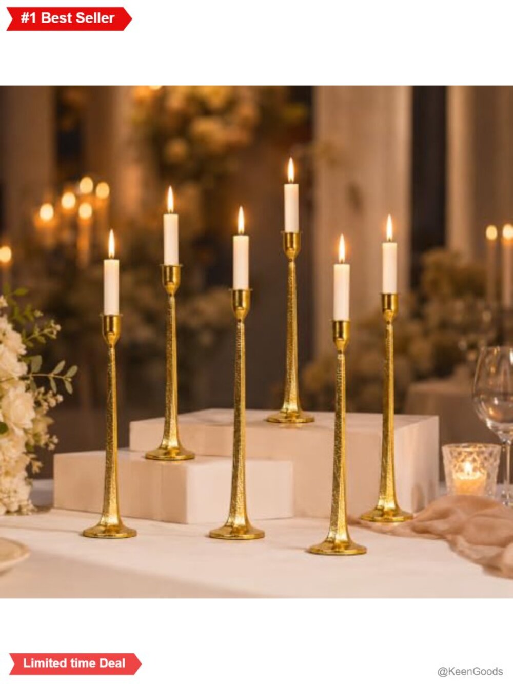 Set of 6 Gold Metal Taper Candlestick Holders 15.5" 14" 12" Tall Wedding Dining